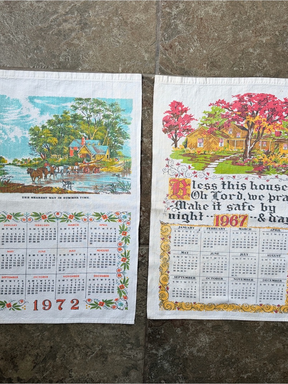 Pair of Vintage Calendar Tea Towels with Scenic Cottage Prints (1967 & 1972)